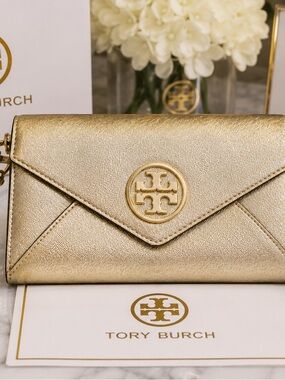 Tory Burch Metallic Gold Envelope Crossbody Wallet